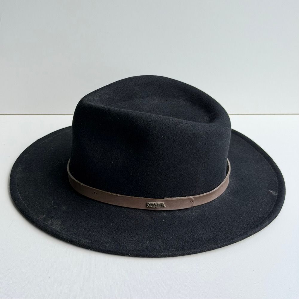 Vintage Scala Classico Fedora Hat size Small Black Wool Leather Band Wide Brim
